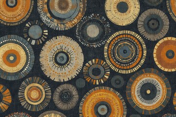 Abstract artwork featuring a dark background adorned with numerous overlapping circles in earthy tones, exhibiting a textured, hand-painted aesthetic