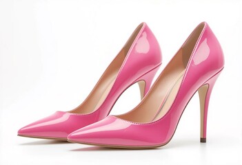 Pink glossy stilettos, elegant women's fashion, and luxurious minimalist footwear design.
