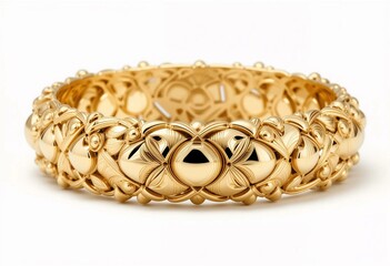 Closeup of intricate braided gold bracelet with detailed metalwork and luxury studio lighting.
