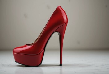 Elegant red glossy high heels with pointed toe, stiletto, and platform.
