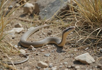 Snake in a dry, rocky mountain landscape with earth tones and photorealistic details.

