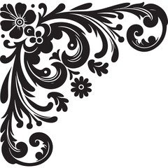 Elegant Black Floral Corner Ornament Vector Design with Vintage Swirl Patterns – Decorative Botanical Frame Element for Invitations, Tattoos, and Graphic Projects.