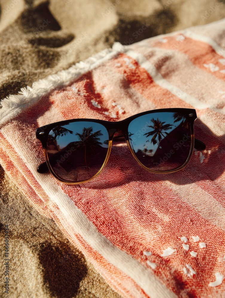 Poster sunglasses resting on sandy towel with palm tree reflections under bright sunlight at a beach locati