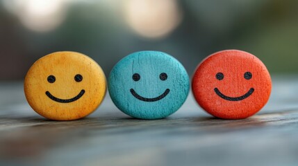 Three Smiling Wooden Emojis: Happiness, Positivity, and Joyful Mood