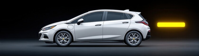 Modern white hatchback car on a dark background with a yellow bar symbolizing energy or motion.
