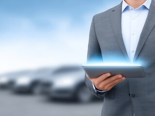 A businessman in a suit holds a glowing tablet, with blurred cars in the background, symbolizing modern technology and business solutions.