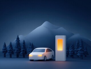 A white electric car charges at a glowing station in a stylized, snowy mountain forest at night.