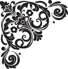 Elegant Black Floral Corner Ornament Vector Design with Vintage Swirl Patterns – Decorative Botanical Frame Element for Invitations, Tattoos, and Graphic Projects.
