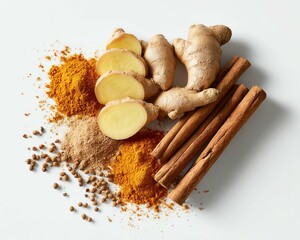 Cinnamon sticks and star anise are beautifully arranged Fresh ginger and various spices including cinnamon and turmeric on a white background, perfect for cooking and baking.