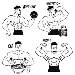Hand Drawn Black and White Illustration Bodybuilder Character in Various Poses