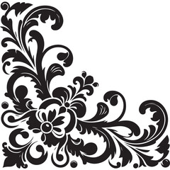 Elegant Black Floral Corner Ornament Vector Design with Vintage Swirl Patterns – Decorative Botanical Frame Element for Invitations, Tattoos, and Graphic Projects.