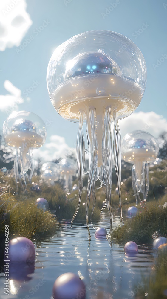 Poster 晴れた日に澄んだ川に浮かぶ透明なクラゲの群れの幻想的な風景