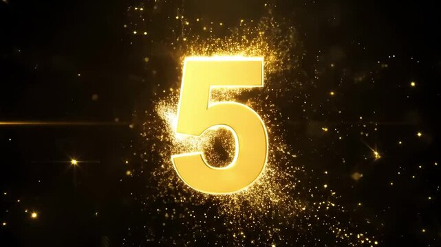 Shiny golden number 5 appearing with glowing particles on black background, representing celebration, countdown, anniversary, or digital design element