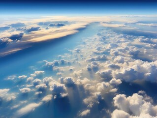 Sunrise view from an airplane window, featuring white clouds and a vibrant blue sky.