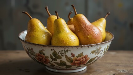 A rustic bowl filled with ripe yellow and red pears, showcasing their natural beauty and inviting freshness in a charming, vintage setting.