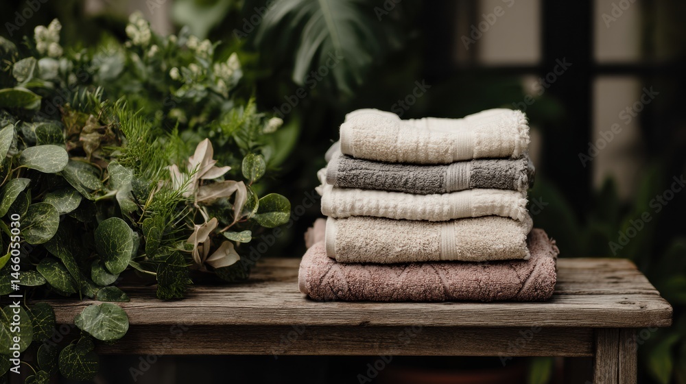 Poster relaxing spa setup with neatly stacked towels on rustic bench surrounded by lush greenery in a tranq