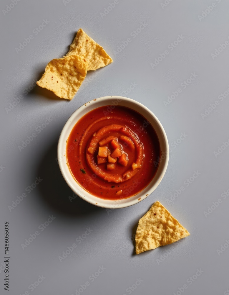 Poster a minimalist flat lay of a bowl of salsa with some crispy chips, emphasizing simple shapes and subtl