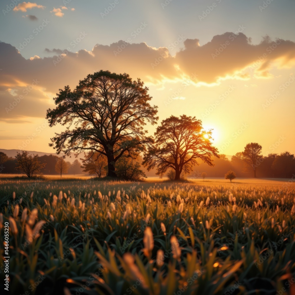 Poster a dreamy scene with soft focus, emphasizing glow and gentle light on the grass and trees at dawn or 