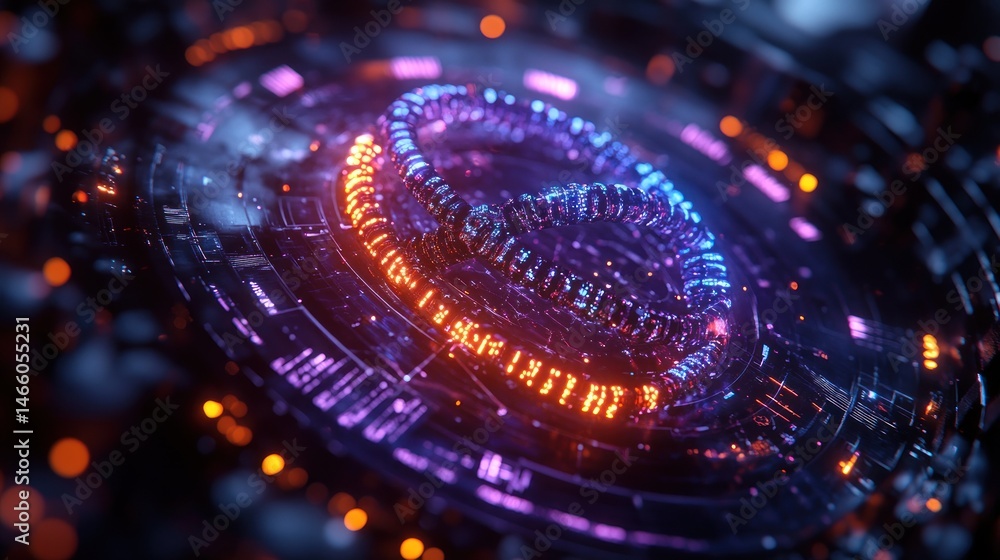 Poster abstract futuristic technology interface: glowing neon circles and circuits