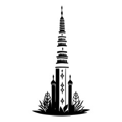 Stylized silhouette of a tower with botanical elements, depicting a serene scene