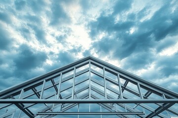 Modern greenhouse roof structure against a cloudy sky.