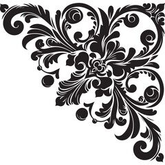 Elegant Black Floral Corner Ornament Vector Design with Vintage Swirl Patterns – Decorative Botanical Frame Element for Invitations, Tattoos, and Graphic Projects.