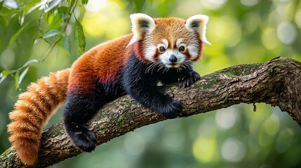 Naklejka premium Red panda on a branch in a lush forest