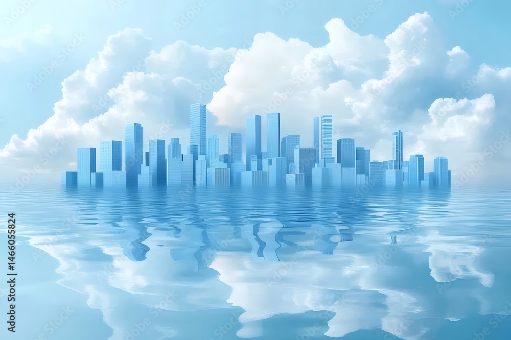 Poster 水面に反射する水色の未来的な都市のスカイラインと白い雲のある晴れた空の風景