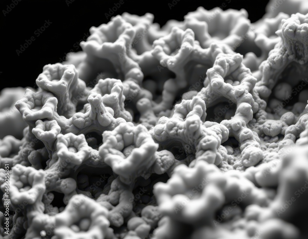 Poster a high contrast black and white image emphasizing textures and depth of the fractal or coral like st