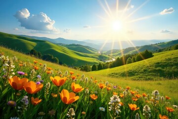 Sun-drenched rolling hills, vibrant wildflowers , beauty, picturesque