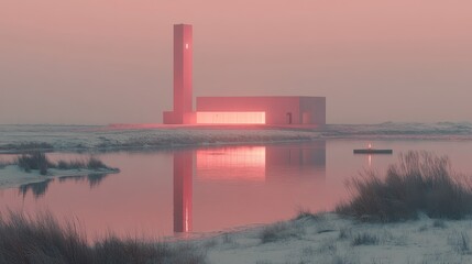Futuristic building reflecting in serene waterscape at dusk a tr