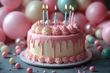Beautiful pink birthday cake with lit candles surrounded by festive party balloons