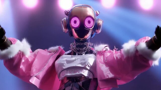 Robot Popstar on Stage: A captivating robot with glowing pink eyes, wearing a trendy pink and white outfit with fur trim, performs for a vibrant audience under a spotlight.  This futuristic.