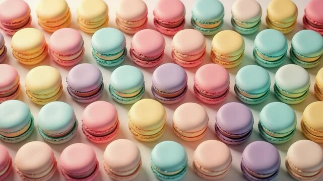 Colorful macarons arranged in rows on a pastel background  