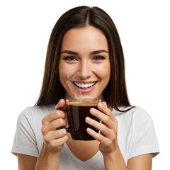 Smiling woman holding delicious a cup of coffee, woman drinking coffee isolated on transparent background