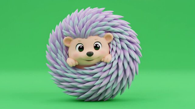 Whimsical illustration of a cute hedgehog with soft purple quills on a green background