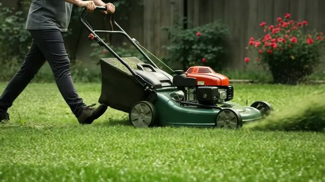 Man mowing grass with a lawn mower in a backyard garden  