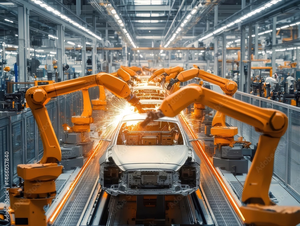 Poster オレンジ色のロボットアームが自動車工場で車体を組み立てる様子を示すインダストリアルなイメージ オートメーションと技術革新の未来を捉えた写真
