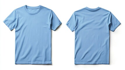 For product design, the front and back of a baby blue men's classic T-shirt are isolated on a white background.