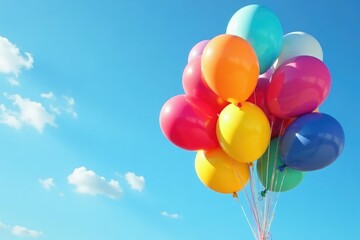 Vibrant rainbow colored balloons float against a clear blue sky , colorful background, balloon festival, carnival