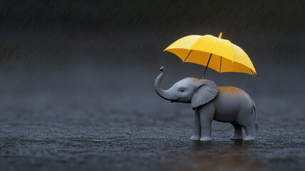 Cute elephant standing in rain, holding yellow umbrella, brings joy and charm