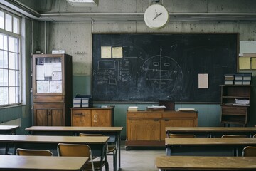 A classroom with a chalkboard and student desks A teacher explains a complex concept, breaking it down for students The mood is clear and patient
