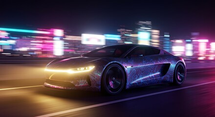 Fototapeta premium Night Drive: Futuristic Sports Car in Neon City