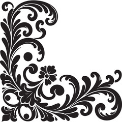 Elegant Black Floral Corner Ornament Vector Design with Vintage Swirl Patterns – Decorative Botanical Frame Element for Invitations, Tattoos, and Graphic Projects.