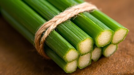 Close Up of Fresh Lemongrass Bundle Tied with Twine on Wooden Surface