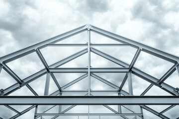 A metal roof structure under construction against a cloudy sky.