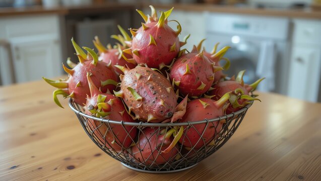 A vibrant bowl filled with fresh dragon fruits, showcasing their unique spiky appearance and colorful hues, perfect for healthy diets and culinary creativity.