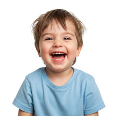 Portrait of an excited young child, a boy with his mouth wide open, isolated on a transparent background