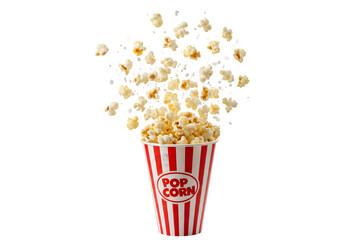A high-resolution, widescreen of popcorn flying out of a red and white striped popcorn cup isolated on white or transparent background. PNG