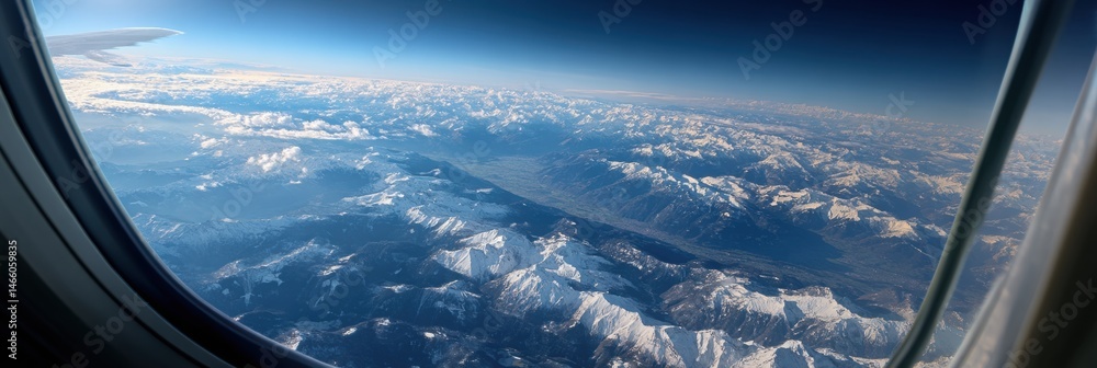 Poster Enjoying Breathtaking Views From an Airplane Window Seat Over the Snow-Capped Alps on a Clear Day Generative AI